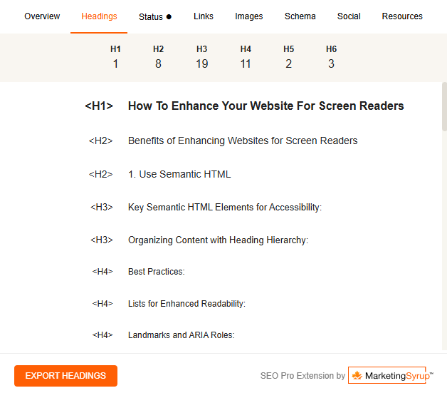 Example of website heading structure from Marketing Syrup Chrome Extension